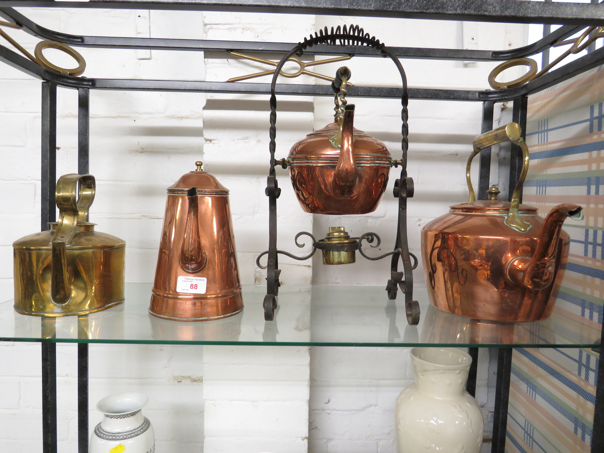 COPPER SPIRIT KETTLE ON STAND, BRASS KETTLE, COPPER KETTLE AND TEAPOT