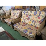 FIVE PIECE WICKER CONSERVATORY SUITE - TWO TWO SEATER SOFAS, ARMCHAIR AND TWO GLASS TOP COFFEE