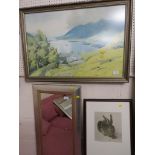 PICTURE OF COTTAGE OVERLOOKING BAY, FRAMED AND GLAZED, AND REPRODUCTION PRINT OF HARE AFTER DURER,