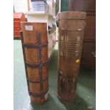 TWO LARGE WOODEN PRINT ROLLERS WITH APPLIED METAL RELIEF PATTERNS