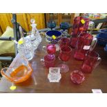 GLASSWARE INCLUDING WEDGWOOD CANDLE HOLDERS, WHITEFRIARS STYLE RIBBED DECANTER, CRANBERRY GLASS,