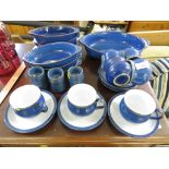 QUANTITY OF DENBY BLUE GLAZED EARTHENWARE INCLUDING CUPS AND SAUCERS, PLATES AND EGG CUPS