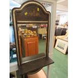 BEVEL EDGED WALL MIRROR IN INLAID MAHOGANY FRAME WITH SHELF BENEATH