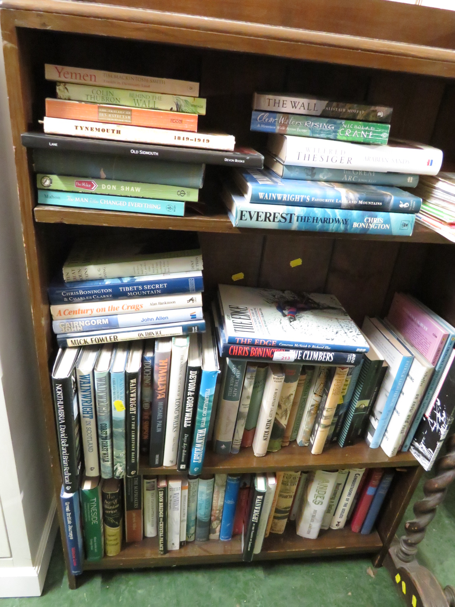 THREE SHELVES OF BOOKS - MOUNTAINEERING, CLIMBING, TRAVEL, ETC, AND ASSORTED MAPS