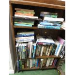 THREE SHELVES OF BOOKS - MOUNTAINEERING, CLIMBING, TRAVEL, ETC, AND ASSORTED MAPS