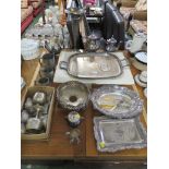 ASSORTED SILVER PLATED WARE INCLUDING COFFEE POTS, TRAYS AND LARGE FLUTED VASE, TOGETHER WITH PEWTER