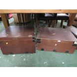 TWO WOODEN LIFT TOP STORAGE BOXES WITH METAL BANDING