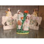 PAIR OF STAFFORDSHIRE FIGURES - LADY AND GENT ON HORSE BACK, TOGETHER WITH FLATBACK FIGURE OF