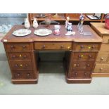EDWARDIAN MAHOGANY PEDESTAL DESK WITH NINE DRAWERS AND BROWN LEATHER SCRIBER