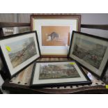 THREE FRAMED AND GLAZED PICTURES OF HUNTING SCENES, TOGETHER WITH ENDORSED LIMITED EDITION FRAMED