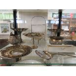 ELECTROPLATED WARE - SMALL THREE TIER CAKE STAND, PIERCED BON BON DISHES, ETC