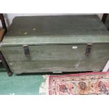 LIFT-TOP CHEST WITH THREE REMOVABLE COMPARTMENTS, PAINTED LIGHT GREEN AND STANDING ON CASTORS