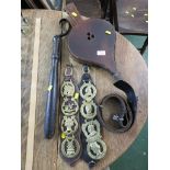 HORSE BRASSES, LEATHER BELT, FIRE BELLOWS AND TRUNCHEON