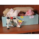 VINTAGE CAST METAL ARTICULATED TOY MULE, KNITTED TOY DOG AND PAPIER MACHE HEADS (SOLD AS