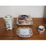 RIDGWAY OLD DERBY DISH WITH LID, SMALL IMARI MILK JUG, TWO SQUARE PLATES AND MASON'S IRONSTONE