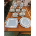 WEDGWOOD OF ETRURIA AND BARLASTON 'WINDSOR GREY' SOUPS, TWO TEA CUPS AND SAUCERS, AND QUEENS WARE