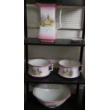 NEWHALL FIVE PART TOILET SET DECORATED WITH SCENES OF LADY IN GARDEN