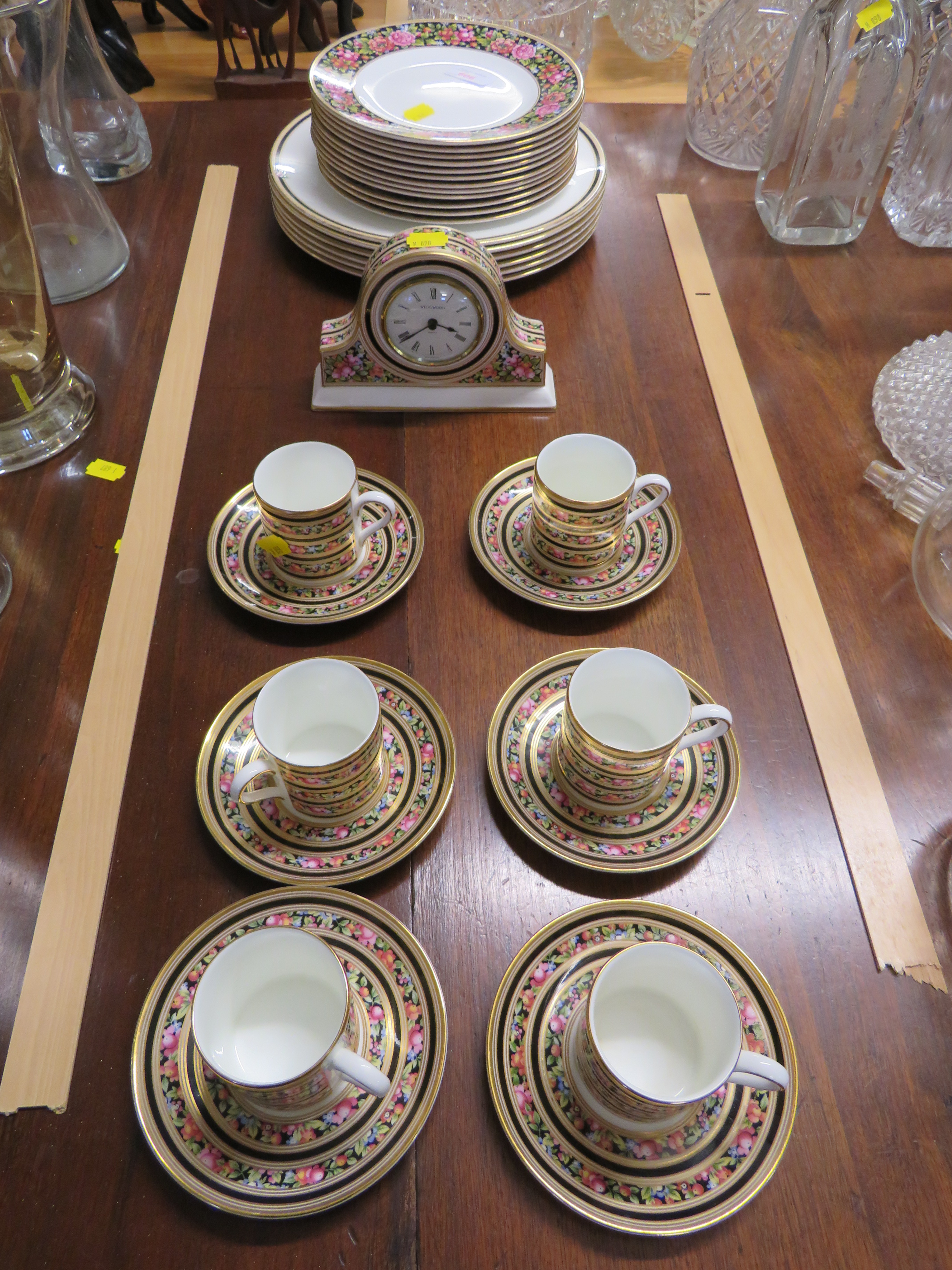 WEDGWOOD 'CLIO' MANTLE CLOCK, DINNER PLATES, SIDE PLATES AND SIX COFFEE CUPS AND SAUCERS