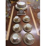 WEDGWOOD 'CLIO' MANTLE CLOCK, DINNER PLATES, SIDE PLATES AND SIX COFFEE CUPS AND SAUCERS