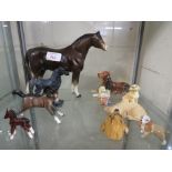 POTTERY AND RESIN ORNAMENTS OF HORSES AND DOGS (ONE SHELF)