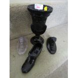 VICTORIAN BLACK GLASS VASE WITH REGISTRATION MARK, GLASS MODEL SHOE, BLACK GLASS LION AND CLEAR