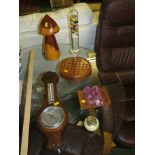 GALILEO THERMOMETER, MOUNTED BAROMETER AND OTHER WOOD AND GLASSWARE