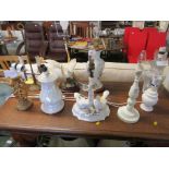 NINE TABLE LAMPS INCLUDING ONE WITH FIGURE OF SWAN (WITH FOUR SHADES) (TWO ARE SPARES OR REPAIR, TWO