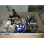 CLOISONNE PLATE AND TWO SMALL POTS, MOTHER OF PEARL SALT, MINIATURE COMMERCIAL BOTTLES AND OTHER