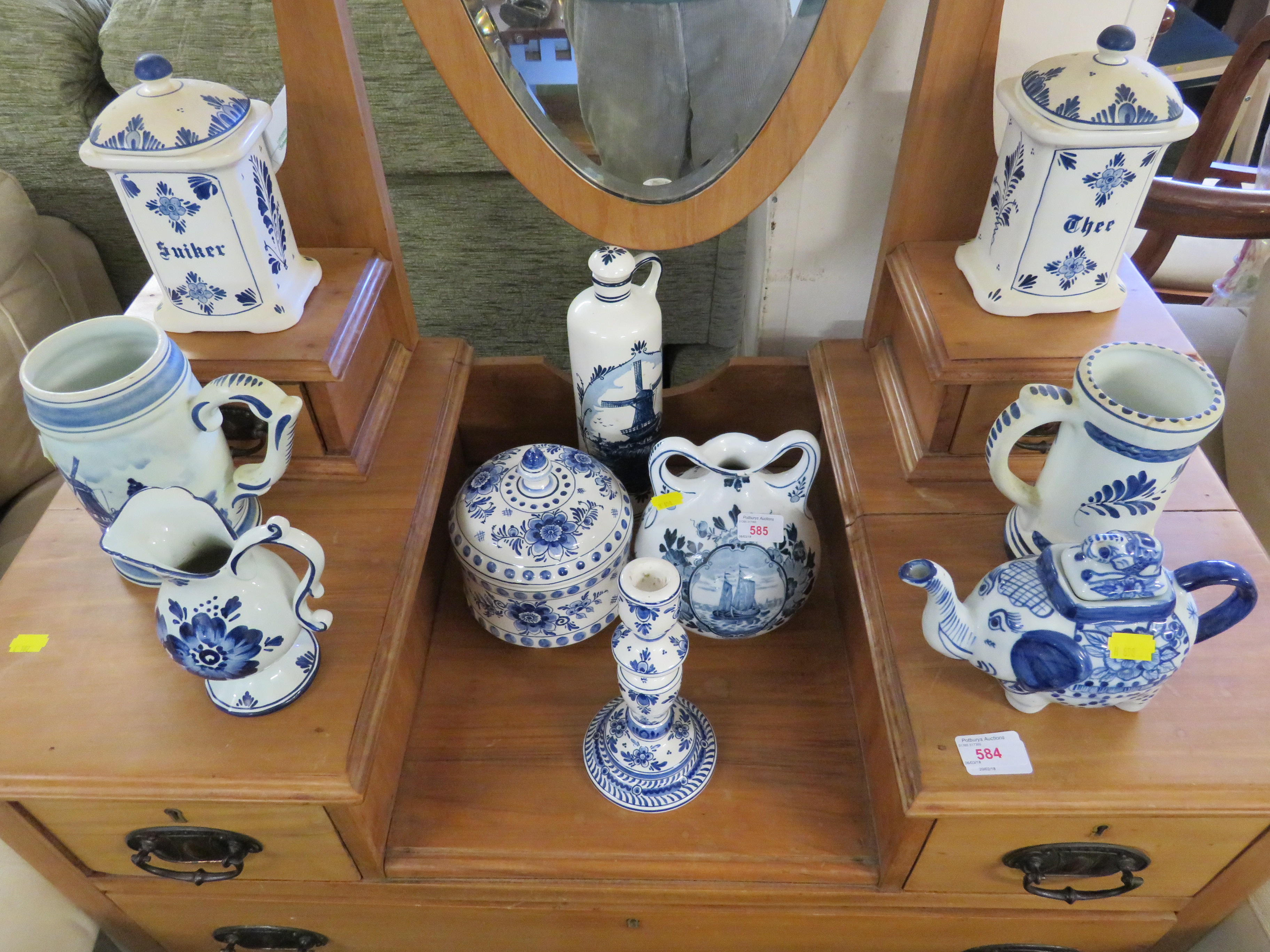SELECTION OF DELFTWARE INCLUDING TANKARD, JUG, CANDLESTICK AND LIDDED JARS, TOGETHER WITH BLUE AND