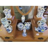 SELECTION OF DELFTWARE INCLUDING TANKARD, JUG, CANDLESTICK AND LIDDED JARS, TOGETHER WITH BLUE AND