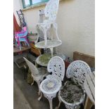 WROUGHT METAL WHITE PAINTED CIRCULAR GARDEN TABLE AND FOUR CHAIRS, TOGETHER WITH MATCHING SMALL