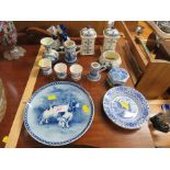 SELECTION OF DELFTWARE INCLUDING LIDDED JARS, EGG CUPS AND FIGURINE OF BOY AND GIRL