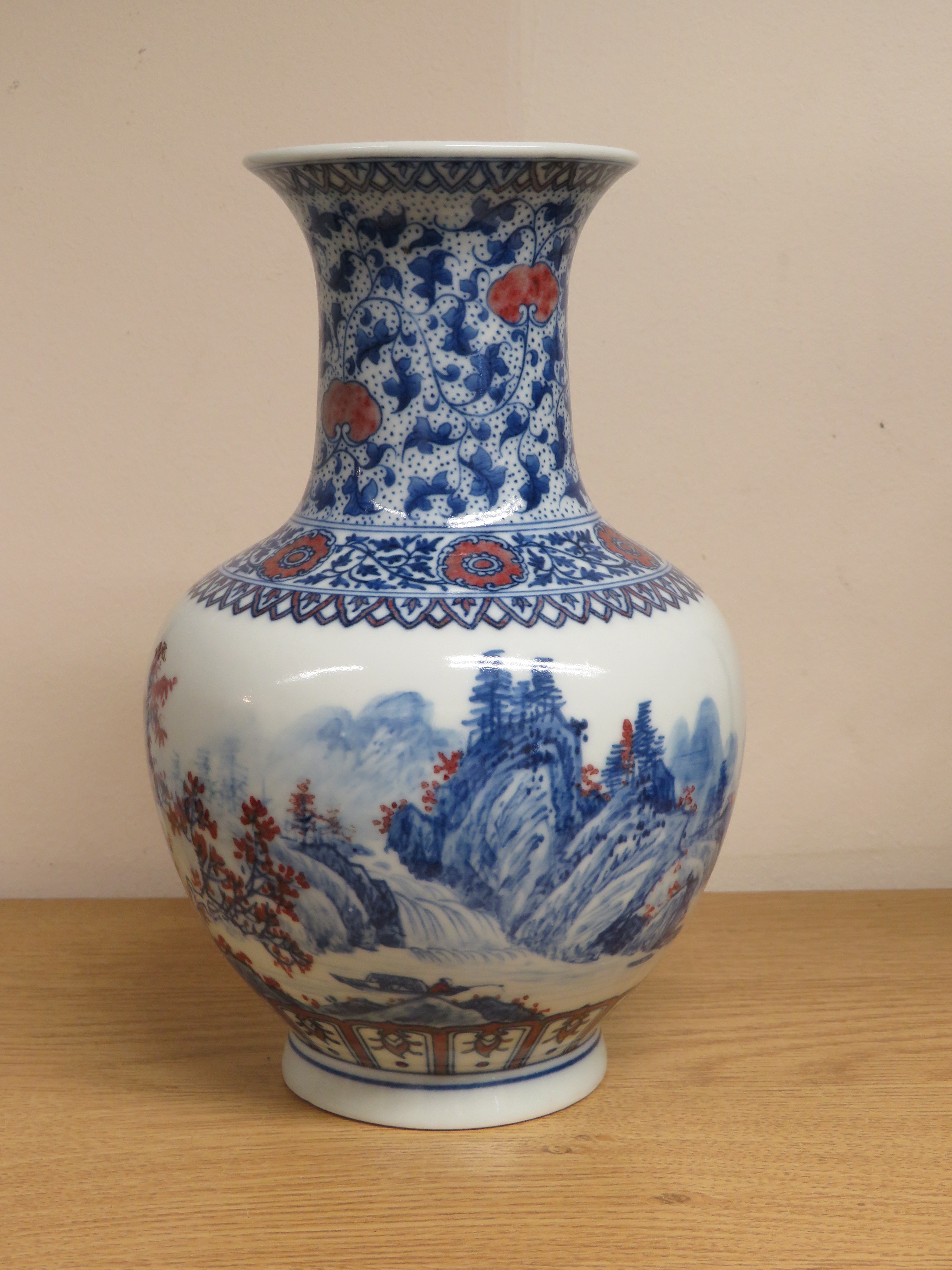 Chinese porcelain bottle vase, painted in underglaze blue and red to the body with landscape with - Image 7 of 11