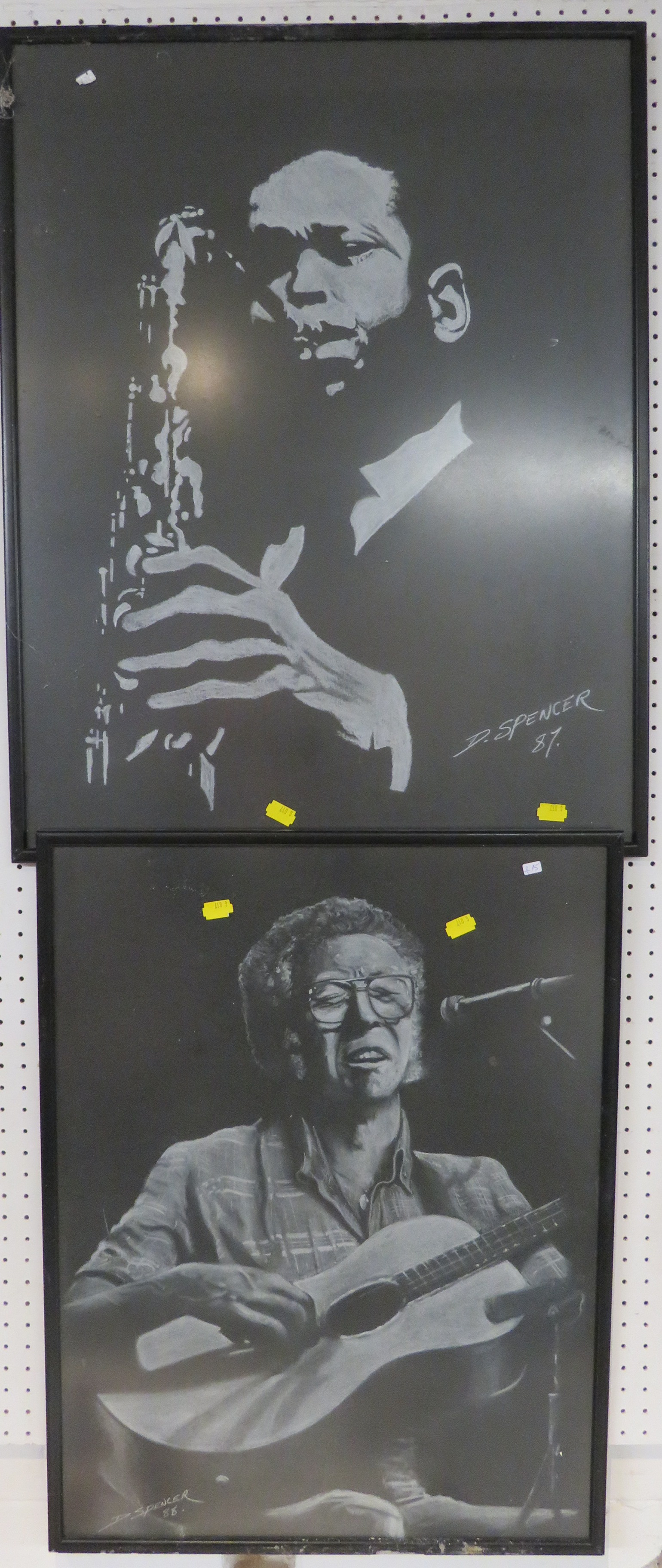 Two portraits of musicians, white chalk on black paper, Guitarist, signed and dated D. Spencer 88