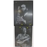 Two portraits of musicians, white chalk on black paper, Guitarist, signed and dated D. Spencer 88