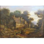 English School (19th century) - a watermill amongst trees, oil on canvas, (29cm x 39cm), in a gilt
