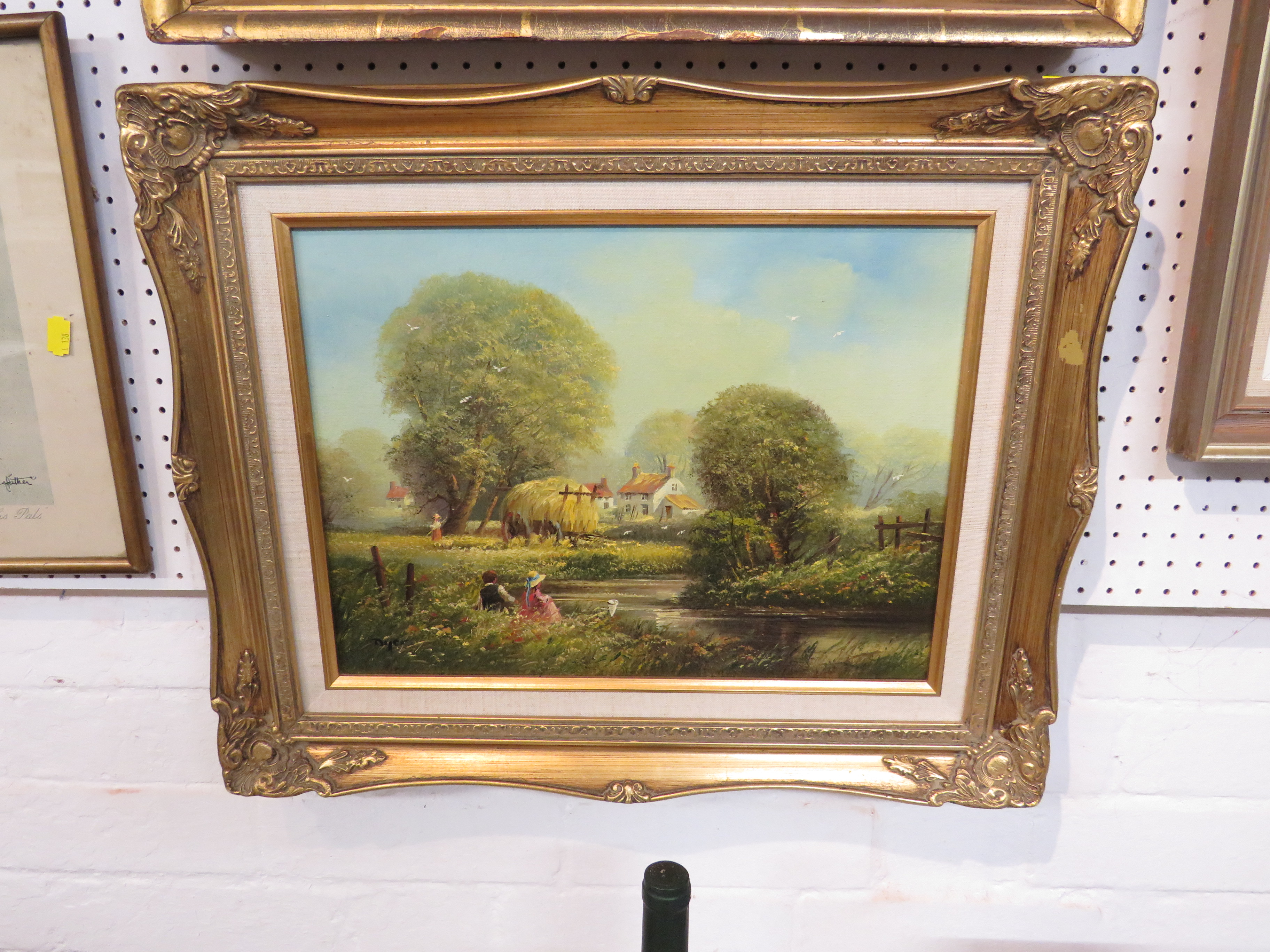 Children fishing near cottage and hay wain, oil on canvas, signed Dyer lower left, (29cm x 39. - Image 2 of 2