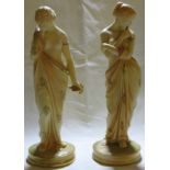 Pair of Royal Worcester figures Joy and Sorrow, modelled as Classically draped women with gilded