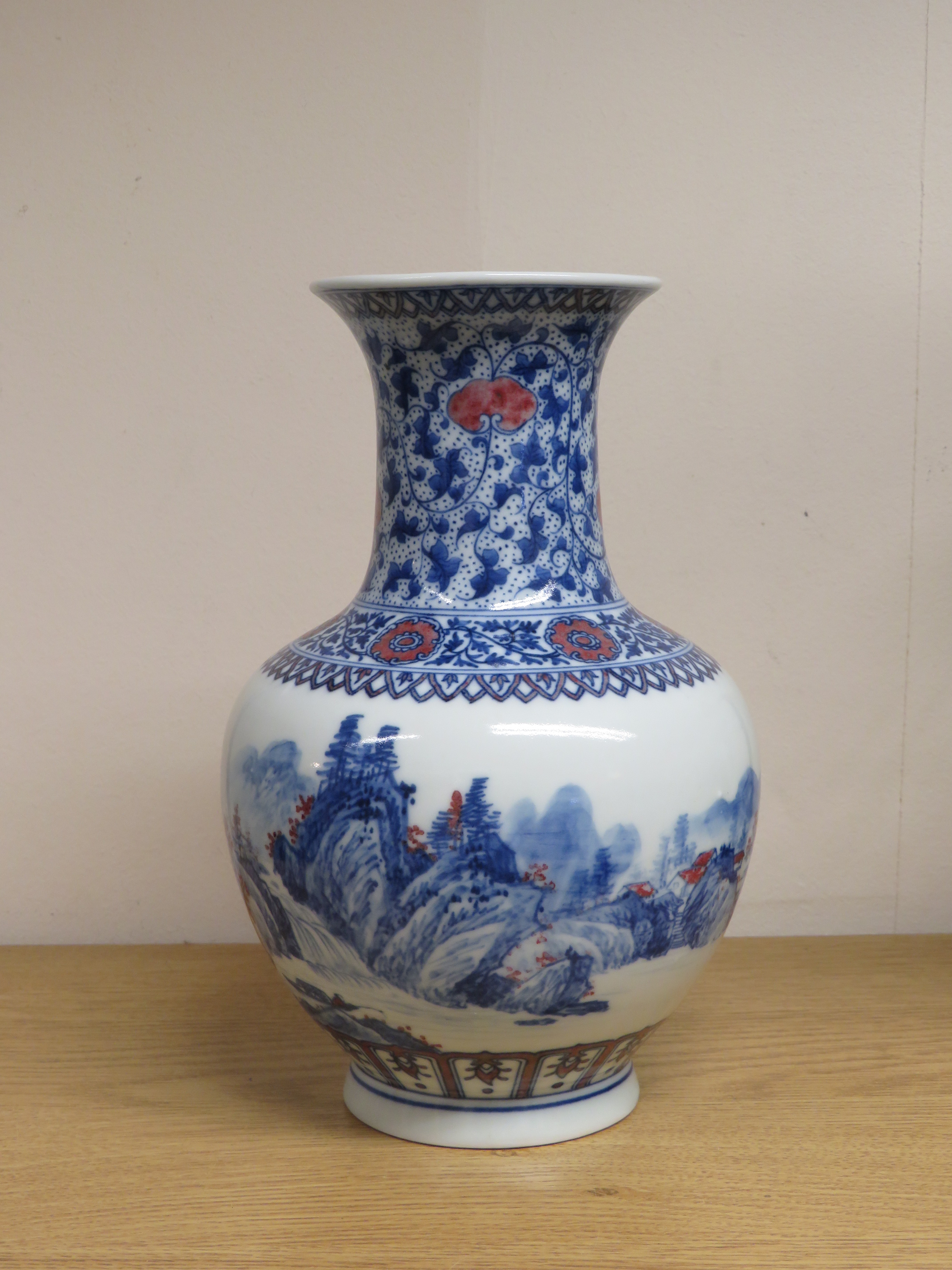 Chinese porcelain bottle vase, painted in underglaze blue and red to the body with landscape with - Image 4 of 11