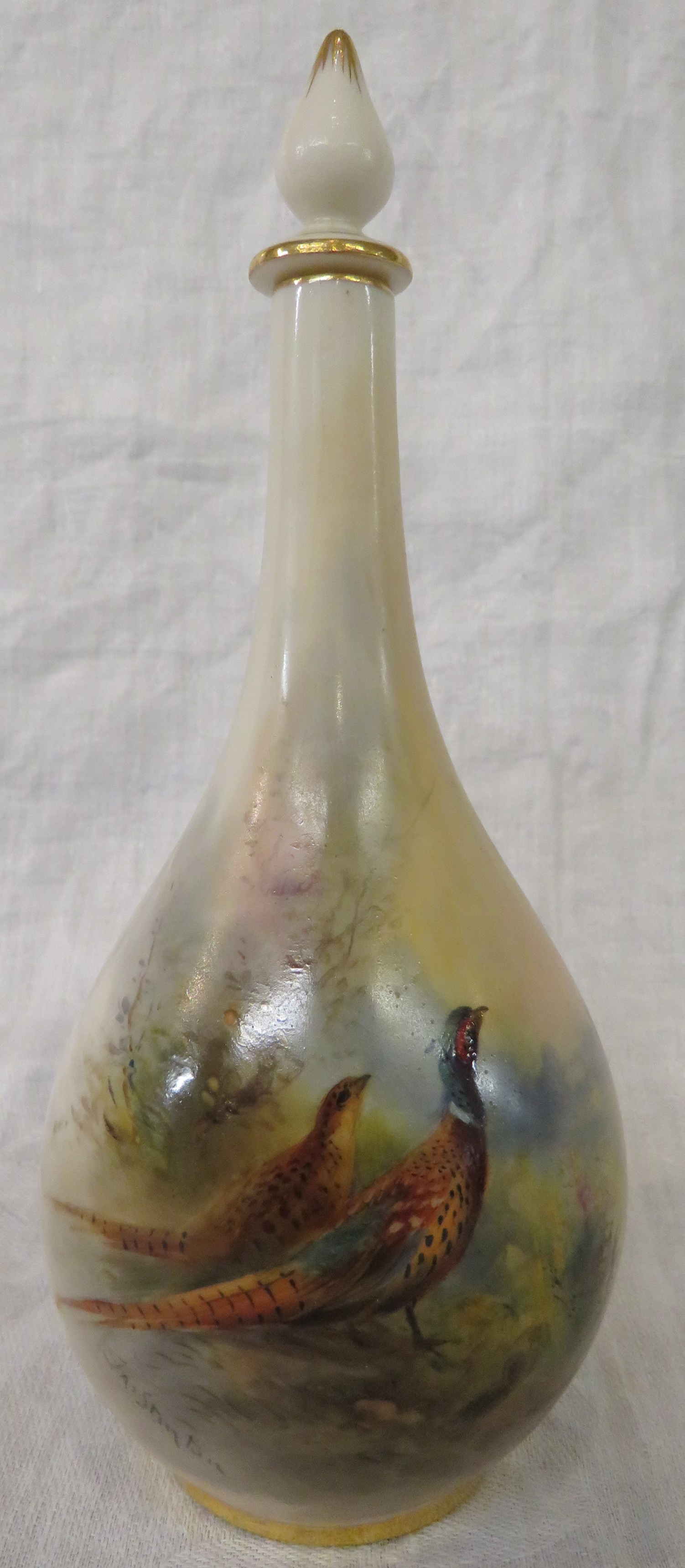 Royal Worcester porcelain stoppered bottle vase, painted with male and female pheasant in