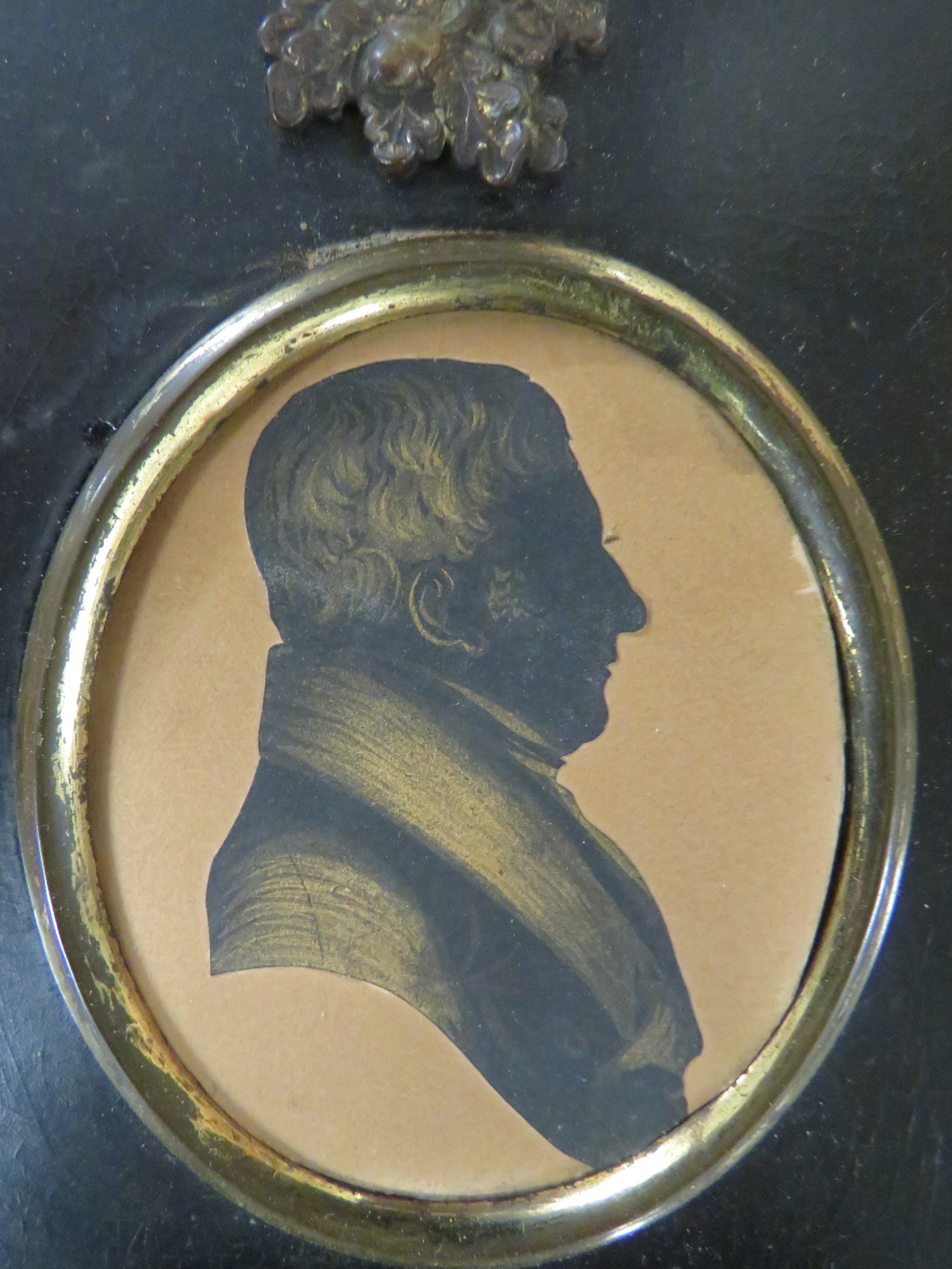 Painted oval portrait miniature of gentleman, head and shoulders enhance silhouette, signed to - Image 2 of 3