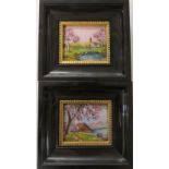 Two Pierre Bonnet Limoges enamelled copper plaques, each depicting cottage in landscape with