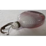 Nailsea type ruby glass flask of flattened ovoid form with combed white stripes, height 23cm,