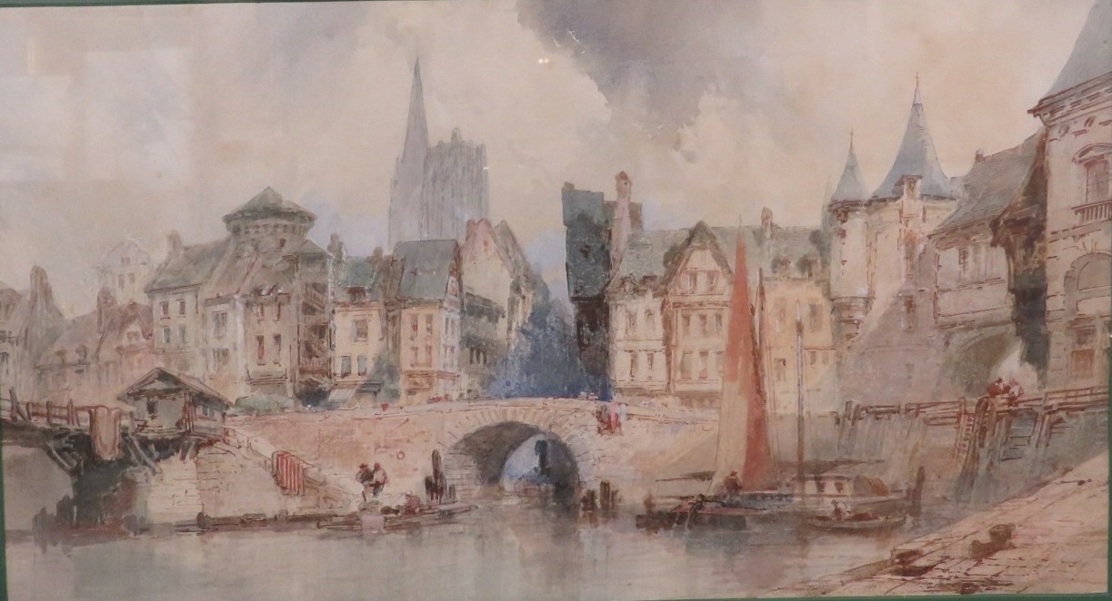 Attributed to Paul Marny - view of Mayenne harbour with church spire beyond, watercolour over pen