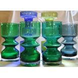 Six Riihimaen Lasi glass vases - blue and olive examples (height 28cm), and four smaller in shades