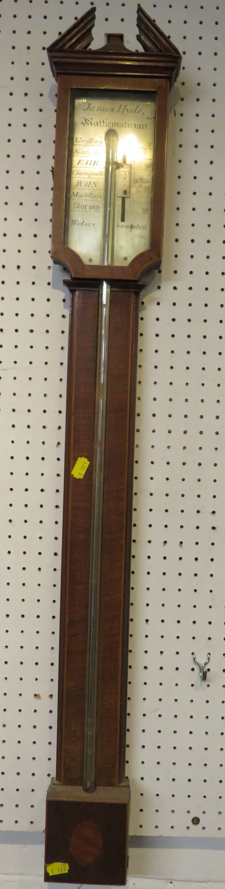 Mercury stick barometer in mahogany case, silvered dial signed James Hyde Mathematician