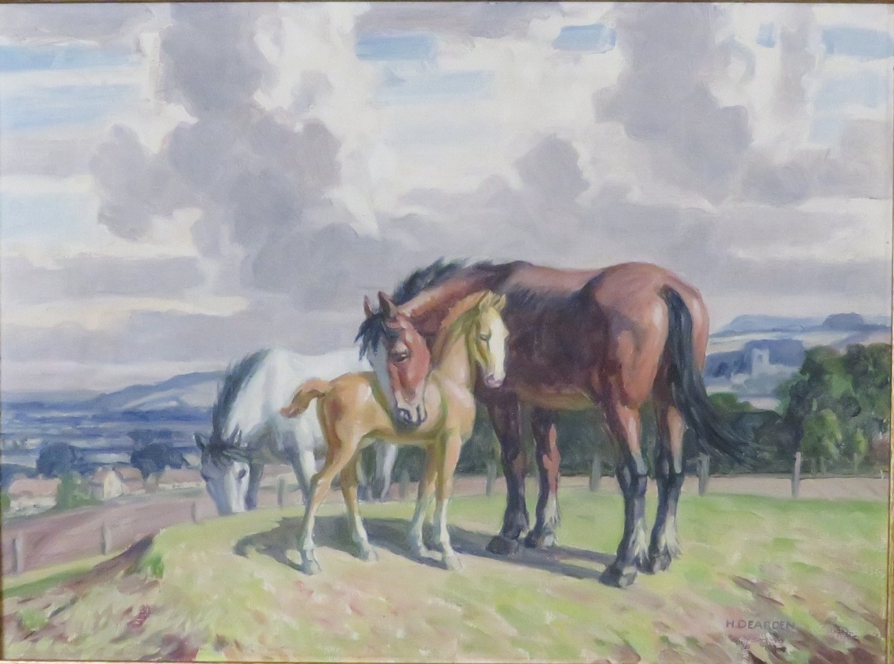 Harold Dearden (1888-1962) - two horses and foal on hill top with town beyond, oil on canvas, signed