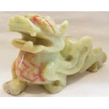 Unusual carved Fo Dog, yellow stone with red striations, length 15cm, height 8cm