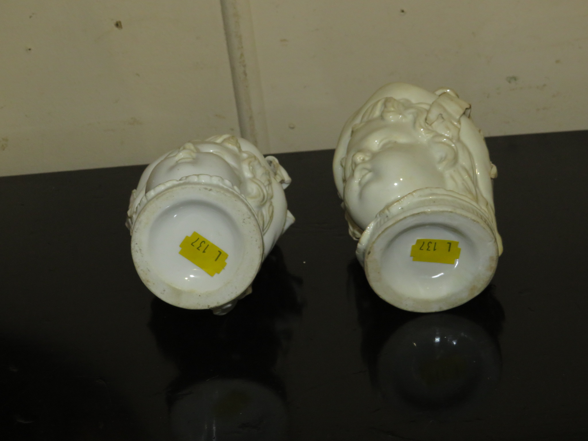 Pair of 19th century blanc de chine vases modelled as infant's heads, perhaps Minton, height 12.5cm - Image 4 of 4