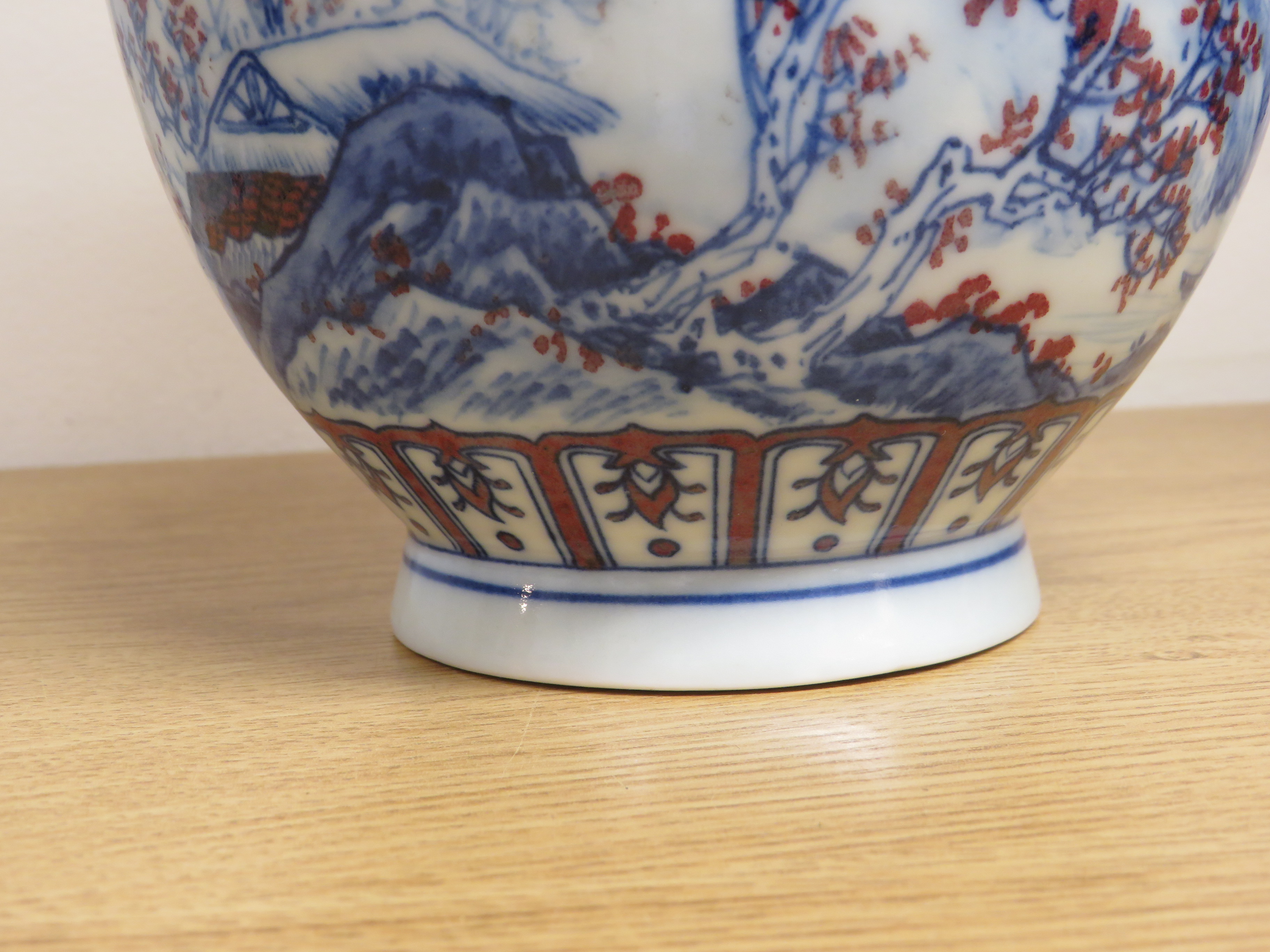 Chinese porcelain bottle vase, painted in underglaze blue and red to the body with landscape with - Image 10 of 11